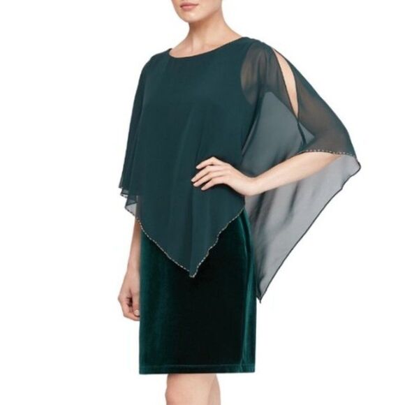 SLNY Velvet Chiffon Embellished Cocktail Midi Dress Green NWT 6 - Picture 1 of 8